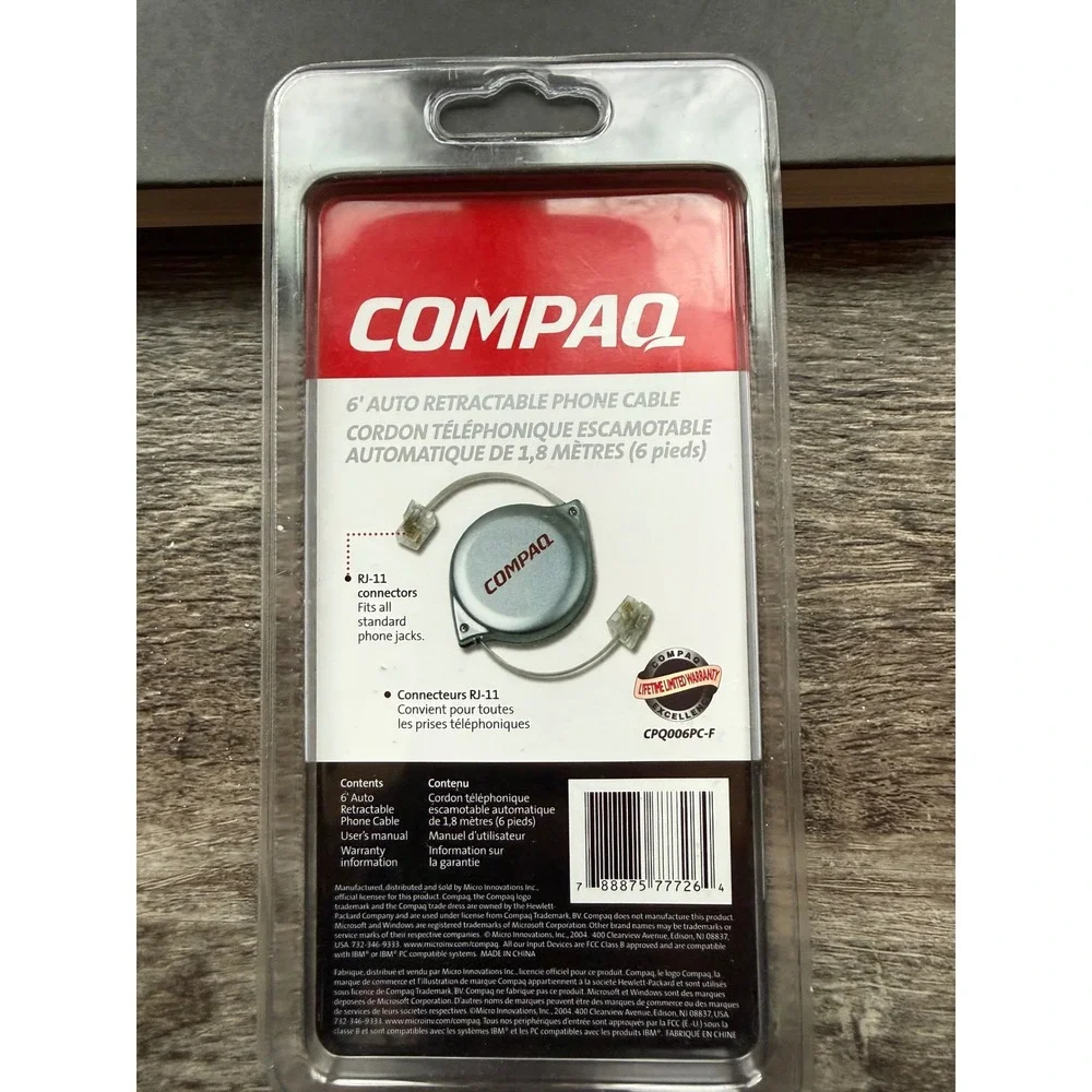 Compaq 6 Foot Auto Retractable Phone Cable Cord RJ11 Connectors‎ New